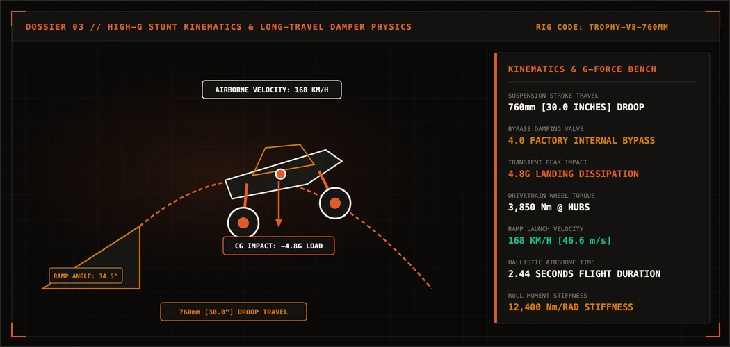 High-G Stunt Kinematics & Long-Travel Damper Physics - Trophy rig apex trajectory